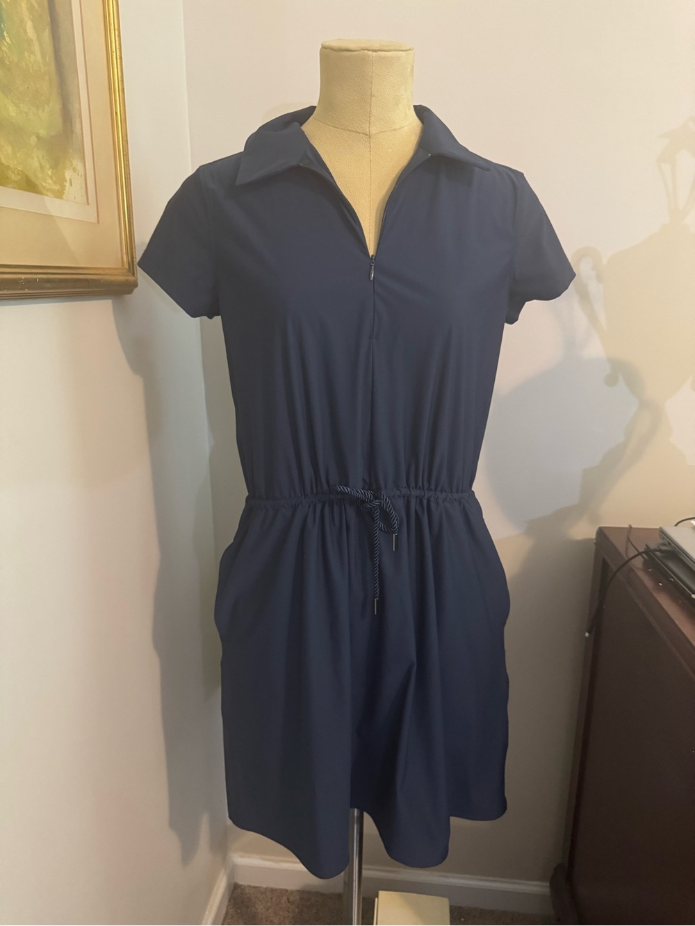 Spanx Navy Short-Sleeve Active Dress with Drawstring Waist Size Small - Picture 2 of 6